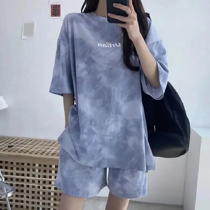 2 Pcs/Set Women T-shirt Shorts Set Tie-dye Sleeves Mid Length Top Shorts Suit Elastic Waist Mini Loose Female Outfit Daily Wear