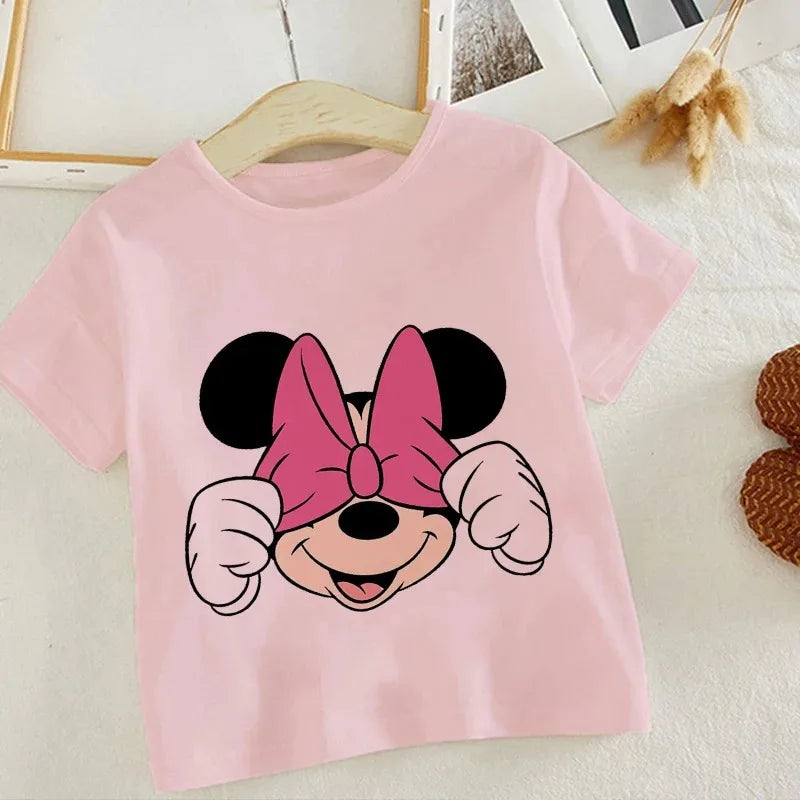 Disney Series Mickey Minnie Anime Clothes T-shirt Boy Girl Casual Summer White Pink Cotton Children's Clothing Baby Kawaii Tees