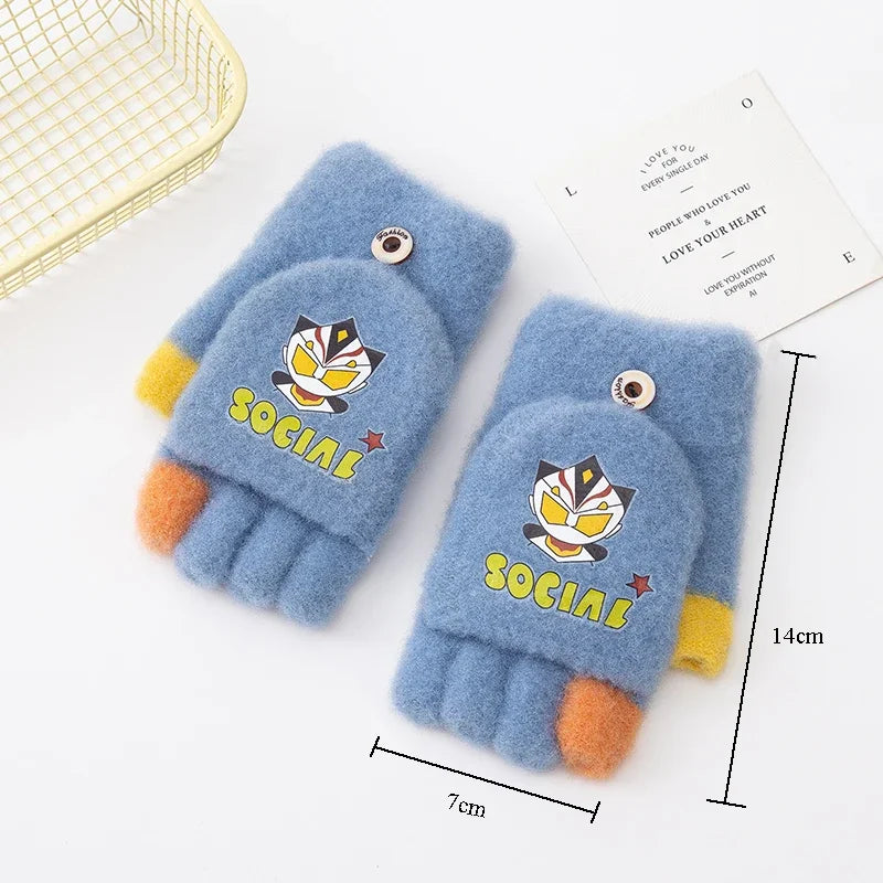 5-12Y Cute Children Gloves Winter Autumn Half Finger Flip Cover Warm Boy Girl Mittens Cartoon ultraman Kids Cycling Gloves