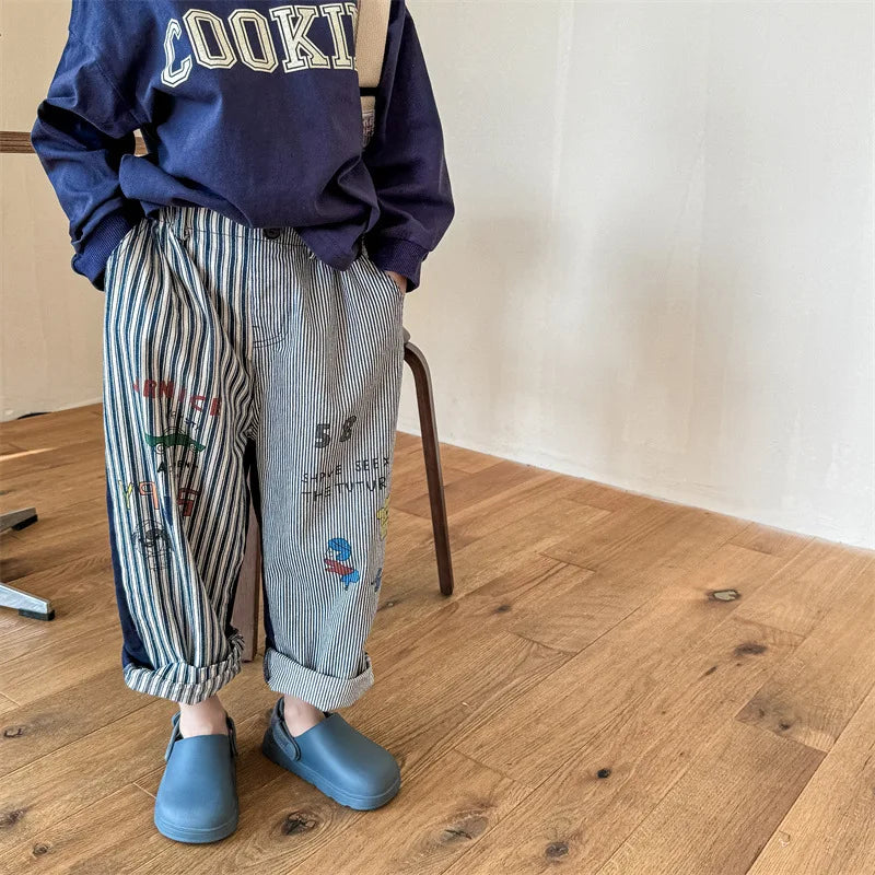 2024 Autumn Children Clothes Girl Boy Cartoon Print Haren Pants Loose Kid Striped Casual Pants Retro Baby Letter Cotton Trousers