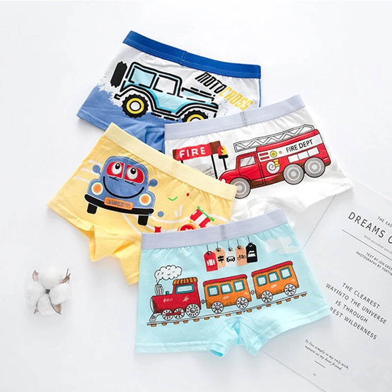 Children's Underwear for Kids Boy Cute Panties Cartoon Print Underpants Train Boxers Toddler Car Print Comfortable Shorts 4pcs