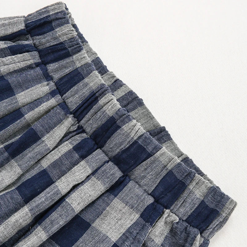 Children's Retro Blue Plaid Trousers 2024 Spring Autumn New Korean Boys And Girls Double-Layer Cotton Casual Harem Pants WTP121