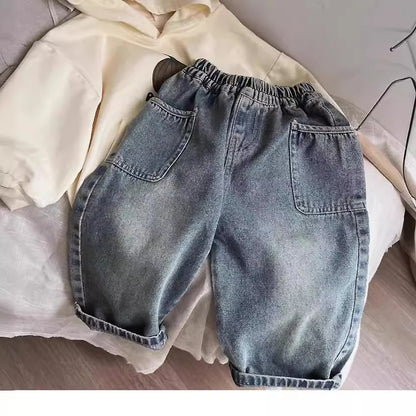 2024 Spring Autumn Kid Boys Denim Pants Side Pocket Polished White Children Boys Pants Elastic Waist Casual Baby Boys Trousers