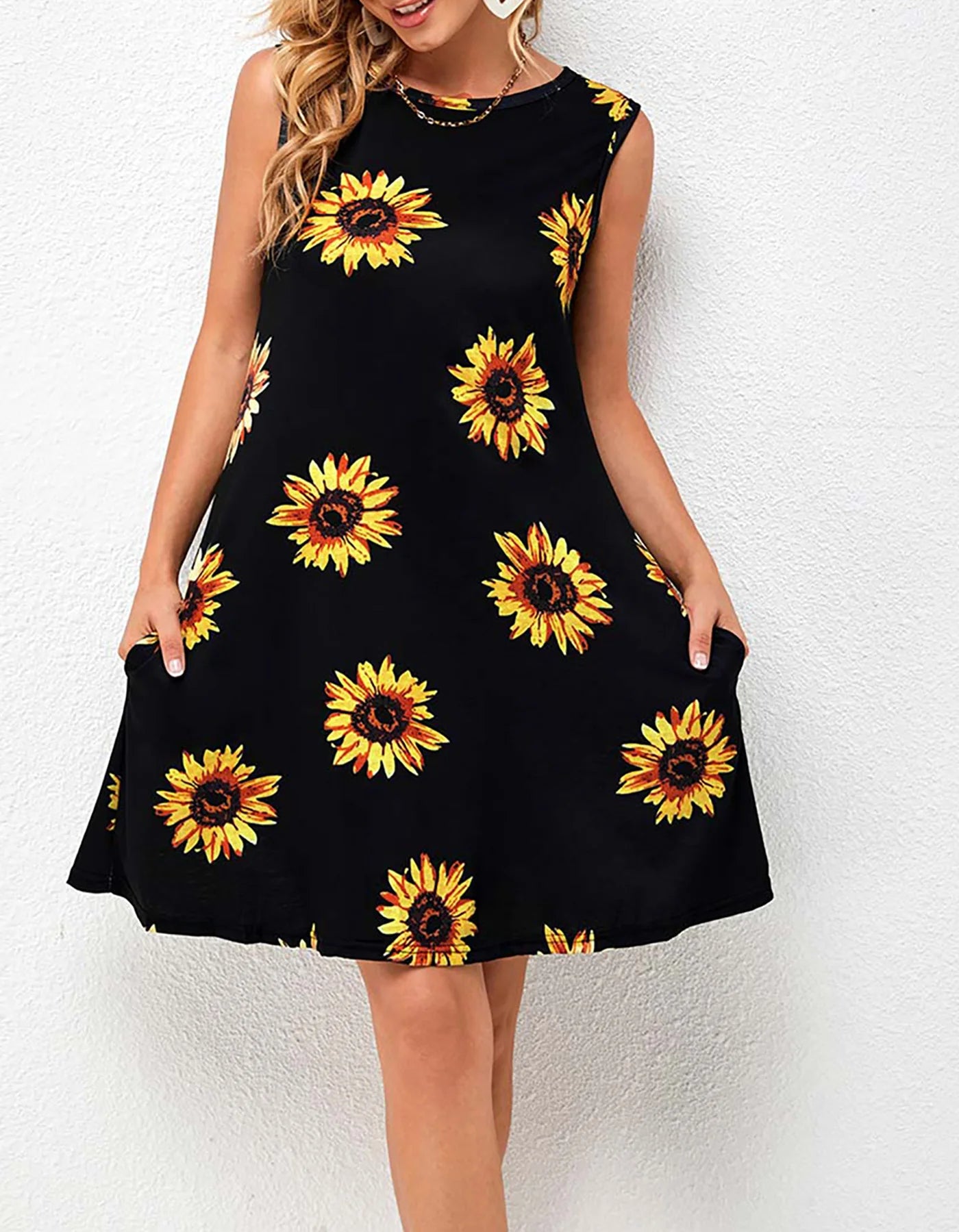 Women Casual Spring Summer O-Neck Sleeveless Sunflower Floral Print knitted Vest Tank Elegant Beach Dresses