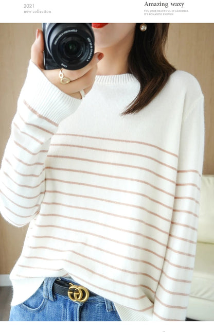 100% Cotton Knitted Sweater Women's Sweater Striped Color Matching Round Neck Large Size Loose Temperament Long Sleeve Bottoming