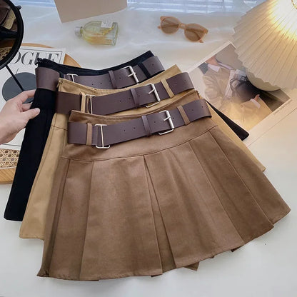 Teenage Girls Pleated Skirt Solid Casual All-match Cargo Skirt for Kids Short A-line High Waist Tutu Skirt Children With Belt