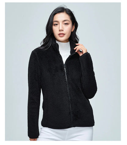 Women's Solid Color Fleece Coat Autumn Winter Warm Zipper Hoodie Loose Stand Collar Jacket Fashion Casual Elegant Ladies Clothes