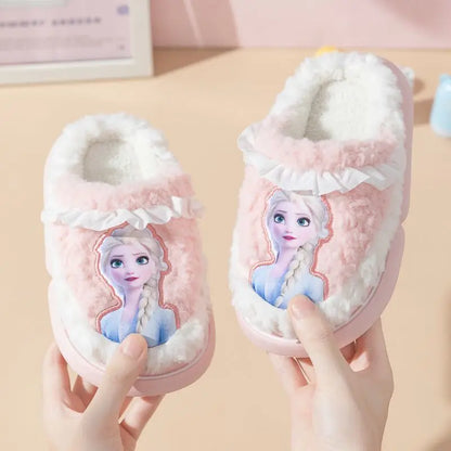 Disney Princess Elsa Winter Children's Cotton Slippers Girls' Frozen Non slip Warm Cartoon Baby Slippers Pink Blue Shoes Size 24