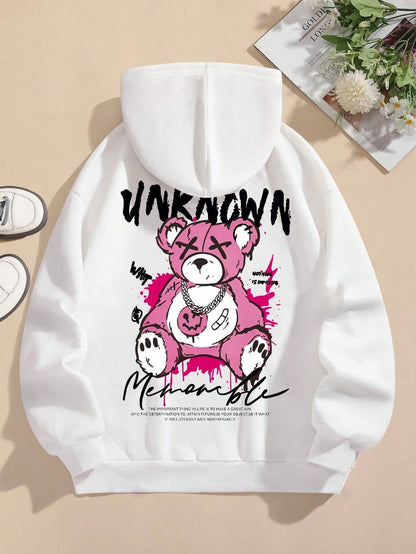 Cartoon Colorful Bear Printed Drawstring Hoodie Women's Casual Long Sleeve Fleece Hoodie Fashion High Street Y2K Women's Wear