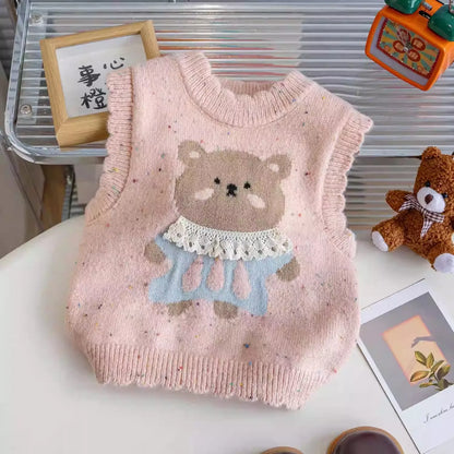 Baby Girl Cartoon Knitted Sweater Vest Infant Toddler Child Waistcoat Knitwear Sleeveless Spring Autumn Baby Clothes 1-7Y