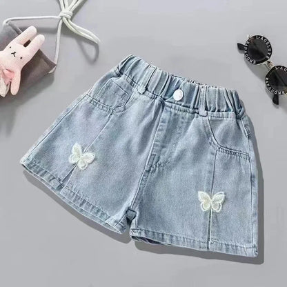 V-TREE Girls Denim Shorts Teenage Girl Summer Lace Pants Kids Bow Clothes Children Flowers Embroidery Jean Short For Teenager