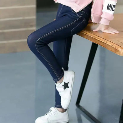 Girls Winter Cowboy Denim Long Pants Kids Thicken Warm Bootcuts Skinny Thick Leggings With Fleece Elastic Waist Trousers