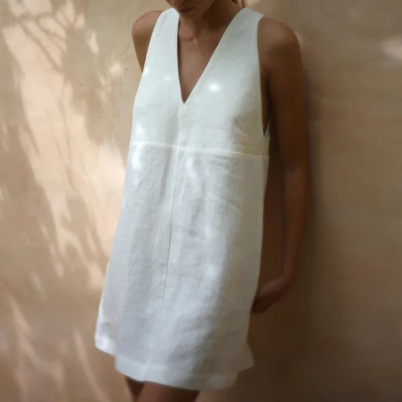 Casual Linen Holiday Dress 2024 Sexy V-neck Sleeveless  Elegant Woman Dress Mini Beach Sundress