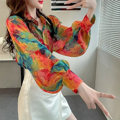 Spring Autumn New Women's Printed Button Polo-Neck Versatile Fashion Loose Appear Thin Commuter Lantern Sleeve Chiffon Shirt Top