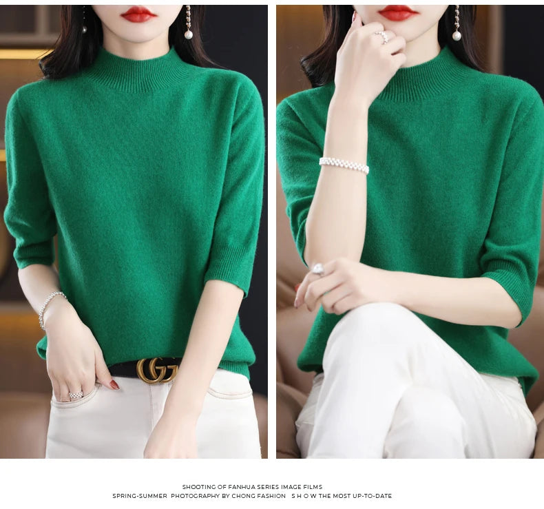 Fashion Half Short Sleeve 100% Merino Wool Sweater Basic Mock-Neck  Cashmere Women Knitted Top  Pullover Clothing Tops