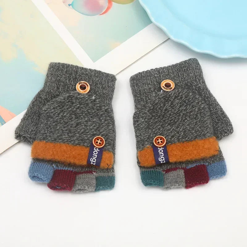 Half Finger Flip Kids Gloves Jacquard Color Matching Autumn Winter Warm Gloves for Children Student Writing Baby Gloves