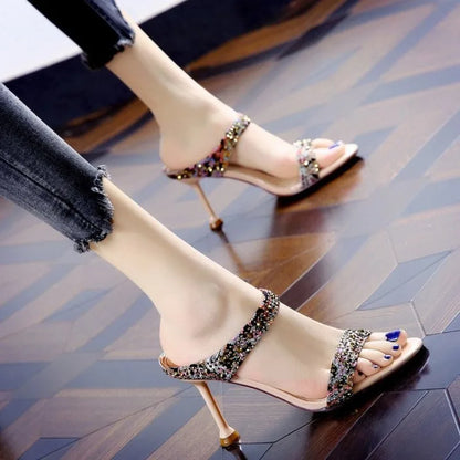 High Heels Sexy Rhinestone Women Pumps Color Matching Graffiti New Summer Women High Heels Shoes Open-toed Stiletto Shoes