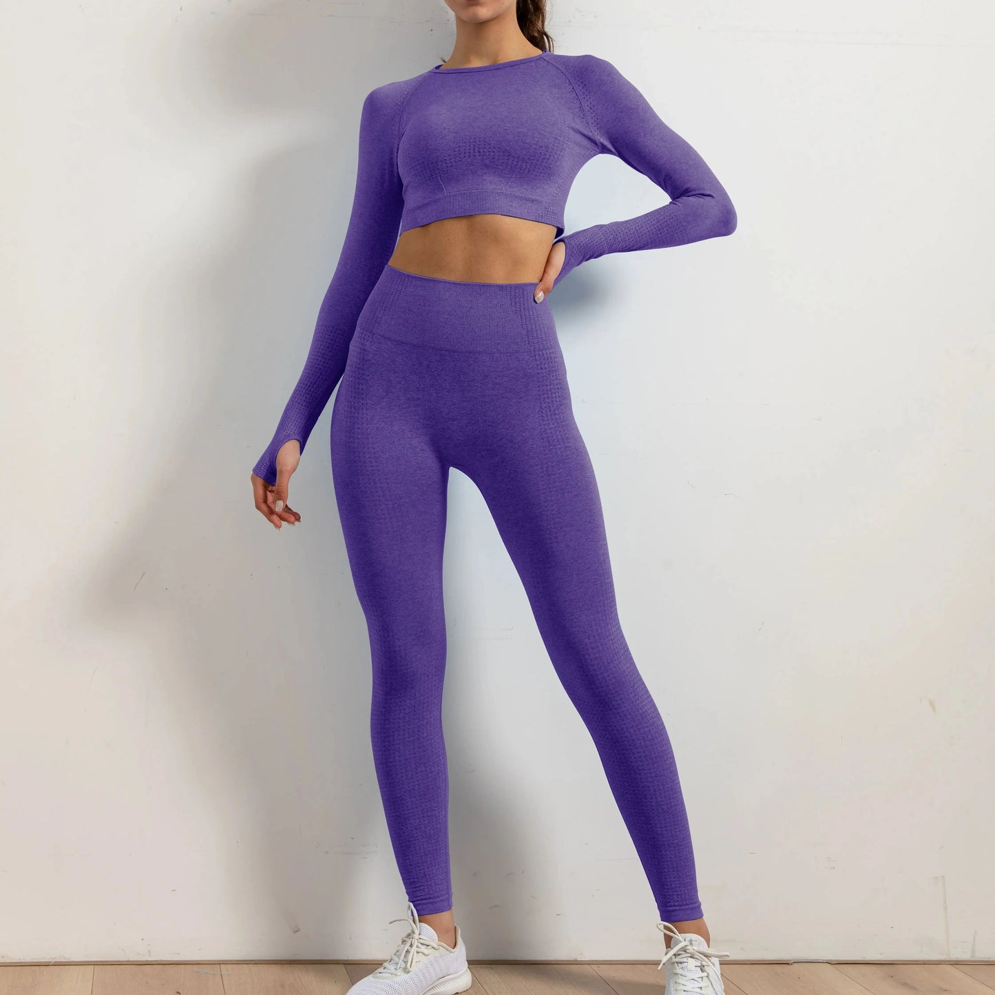 Set of 2 Women's Seamless Yoga Suit with Thumb Holes Long Sleeve Tops Gym Wear Fitness Workout Yoga Wear Leggings Long Pants