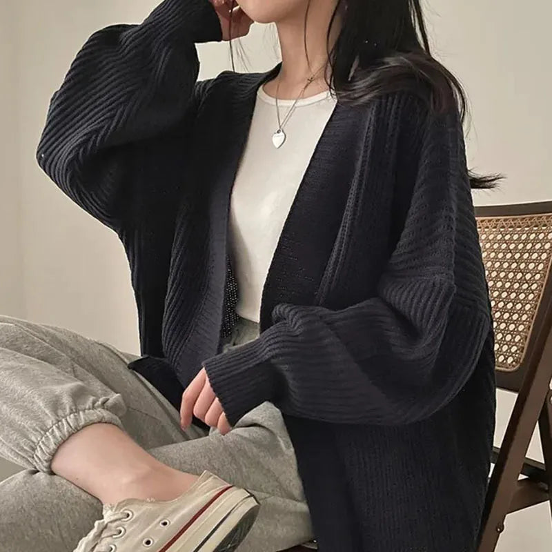 Zoki Harajuku Oversize Cardigan Sweater Women Casual Loose Lazy Wind Korean Tops Vintage Long Sleeve Lady Simple Design Cardigan