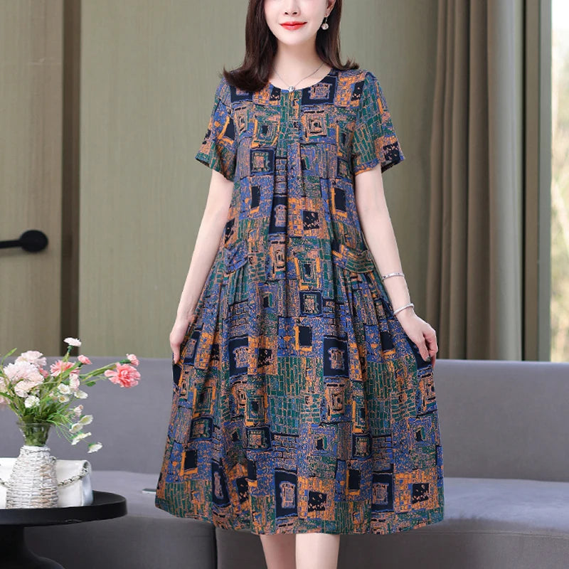 New Arrival Fashion Casual 2023 Summer Dress For Women Loose O-Neck Print Elegant Floral Formal Dress Women Clothing Dresses