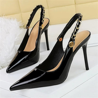 BIGTREE Patent Leather Women Pumps Stilettos Heels Hollow Out CHAIN SLIP-ON Elegant Party Shoes Zapatos Mujer