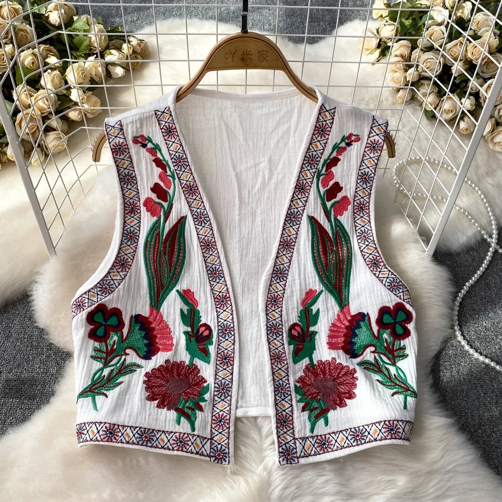 Crochet Top Embroidery Floral Tank Tops Knitted Women V-neck Folk Fashion Vest for Woman Vintage Spring Autumn Almighty Dropship