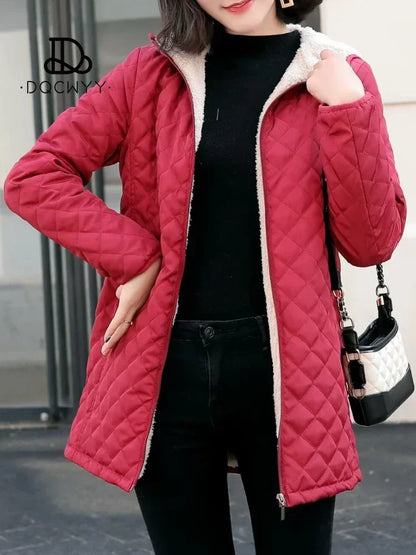 New Women Jacket Winter Hooded Plush Parkets Mid Length Casual Cotton-padded Jacket Winter Coat Women's Clothing Free Shipping