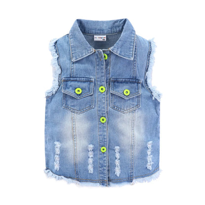 Mudkingdom Ripped Girls Denim Vest Butterfly Sequin Turn-Down Collar Autumn Sleeveless Jacket Kids Jean for Girl Sparkly Clothes