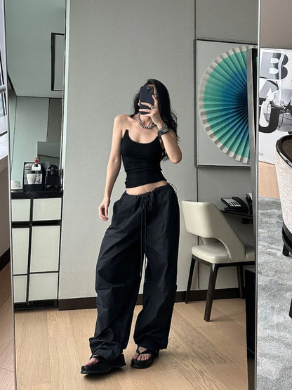 HOUZHOU Y2k Black Parachute Pants Women Wide Cargo Trousers Vintage Oversized Japanese Style Casual Pleated Joggers Streetwear