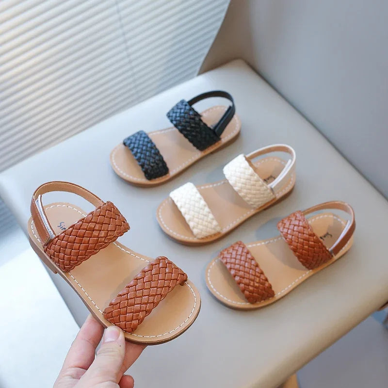 Kids Sandals for Girls 2024 Summer Girls Weave Design Sandals Children Beach Shoes Open Toes Flat Anti-skid Rubber Ankle Strap