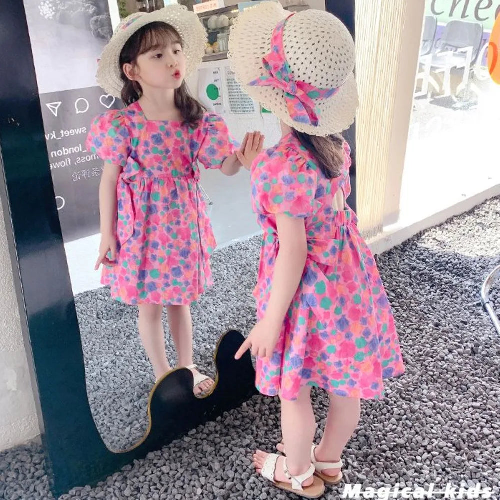 Girls' Dress Sweet Baby Korea Elegant Square Neck Backless Summer Short Sleeve Loose Full Colorful Dot 2024 New Princess Dresses