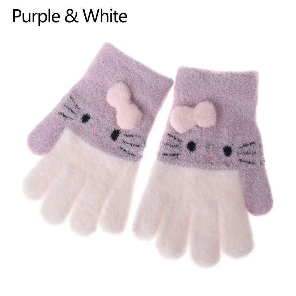 Cute Cat Design Kids Gloves Full Fingers Knitted Gloves Boys And Girls Winter Warm Mittens for 4-10 Years Kids