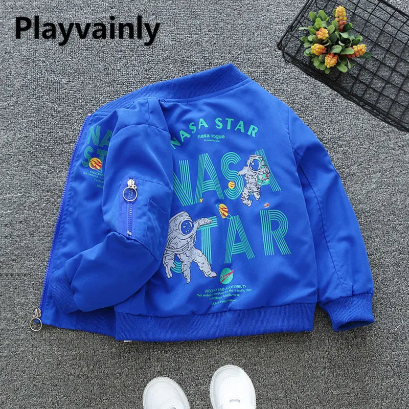 New Spring Autumn Baby Boys Casual Thin Coat Black Blue Letter Print Stand Neck Open Stitch Bomber Jacket Kids Clothes E48711