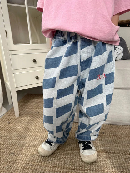 2024 Spring New Children Denim Trousers Toddler Boys Plaid Casual Pants Baby Girl Letter Wide Leg Pants Kids Fashion Loose Jeans