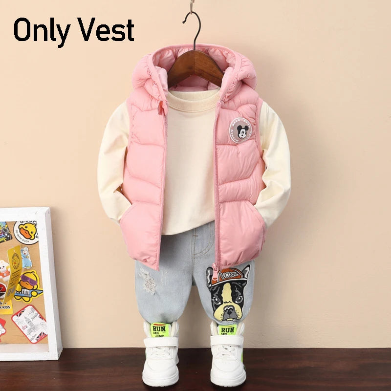 New Autumn Cartoon Mickey Mouse Boys Down Vest Winter Baby Bright Hooded Waistcoat Cotton Outerwear Kids Jacket Children Clothes