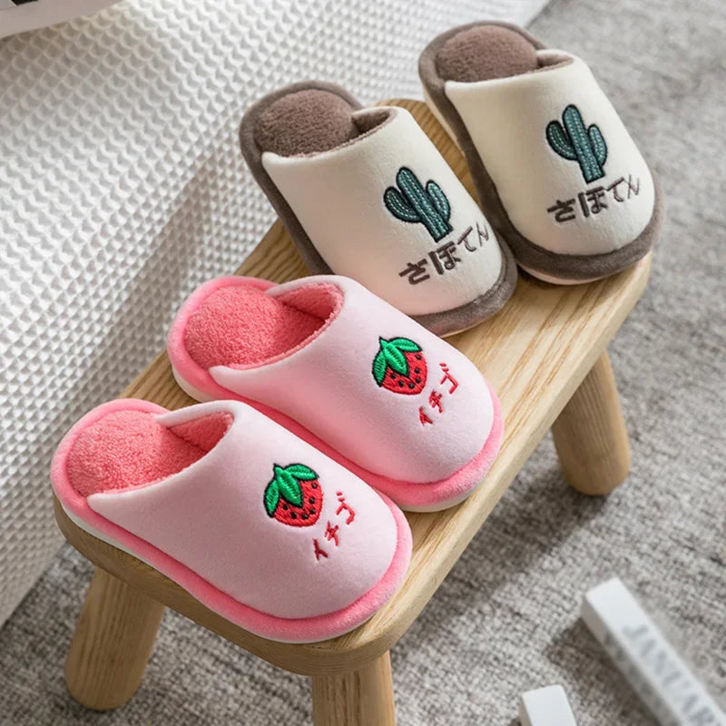 Kids Winter Warm Slippers Thick Cotton Chidlren Boys Girls Non-slip Slippers Home Hotel Casual Fruits Pattern Slippers Shoes