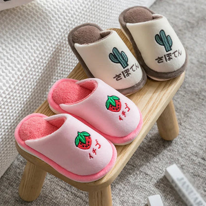 Kids Winter Warm Slippers Thick Cotton Chidlren Boys Girls Non-slip Slippers Home Hotel Casual Fruits Pattern Slippers Shoes