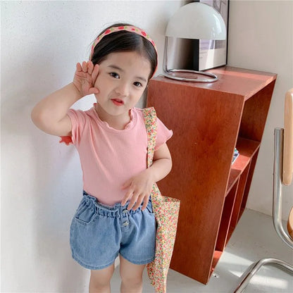 3-7 Years Children Summer Ice Silk T-Shirt Girls Short Sleeve Round Collar Soft Tops