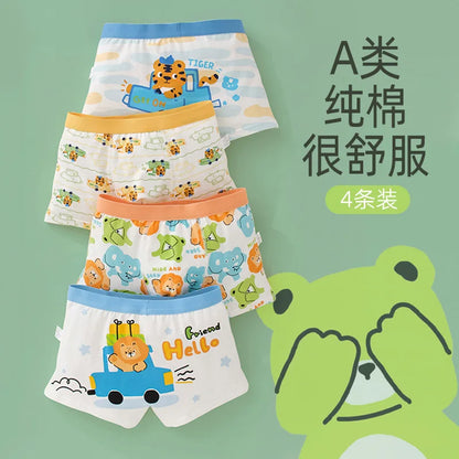 4PCS Boy Cotton Soft Antibacterial Panties Kid Cartoon Dinosaur Print Knickers Thin Breathable Briefs 3+y Young Child Underwears