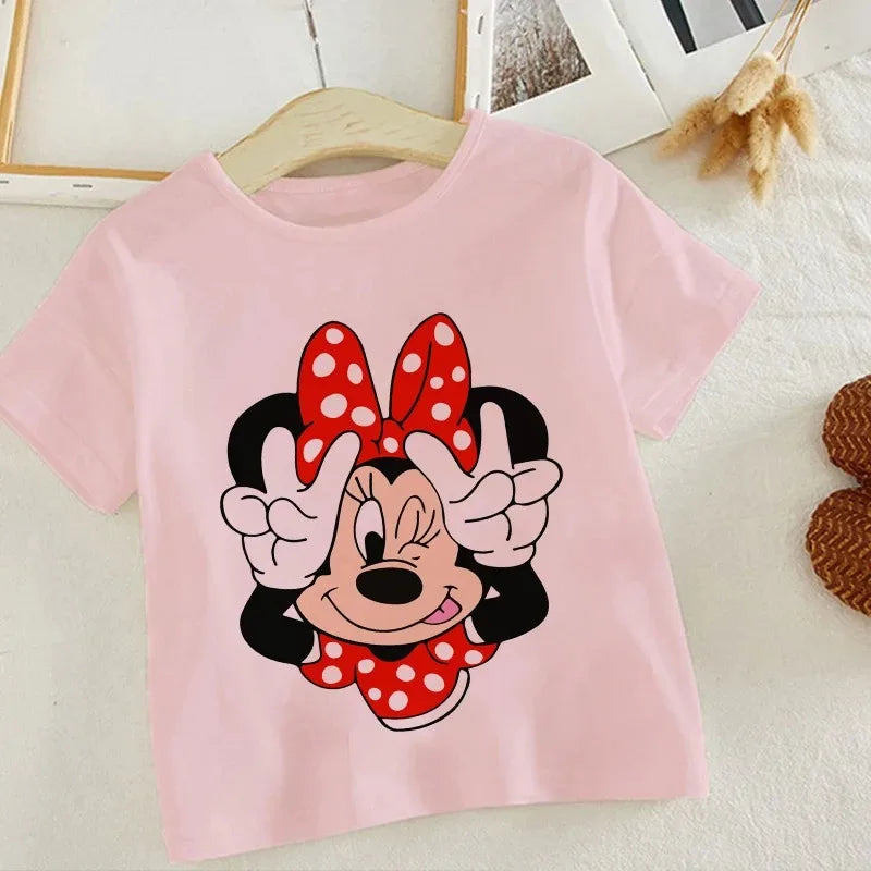 Disney Series Mickey Minnie Anime Clothes T-shirt Boy Girl Casual Summer White Pink Cotton Children's Clothing Baby Kawaii Tees