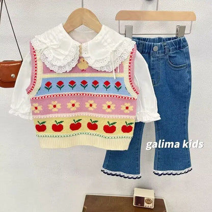 2022 Autmn Girls Cute Flower Knitted Vest Baby Kids Children Waistcoat Outerwear