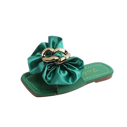 Girls Satin Bow Kids Versatile Slippers 2024 Summer New Green Simple Korean Kids Fashion Flat-bottomed Flip-flops Beach Shoes