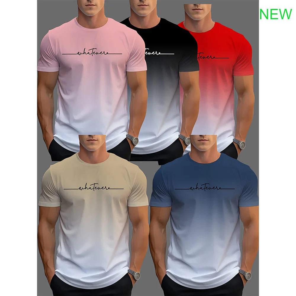 5 men's sports T-shirts, cool gradient 3D printed quick dry short sleeve fitness T-shirt, everyday casual sports top T-shirt