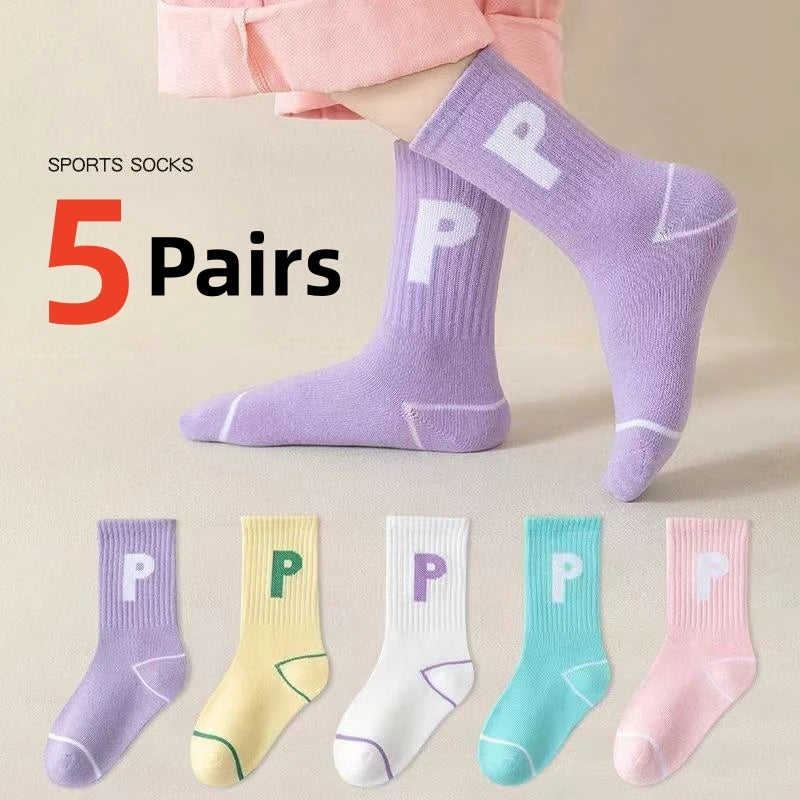 Horetong 5 Pairs/Lot Children's Fashion Letters For Girls Kids Autumn Comfortable Sports Casual School Cotton Middle Tube Socks