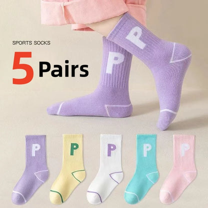 Horetong 5 Pairs/Lot Children's Fashion Letters For Girls Kids Autumn Comfortable Sports Casual School Cotton Middle Tube Socks