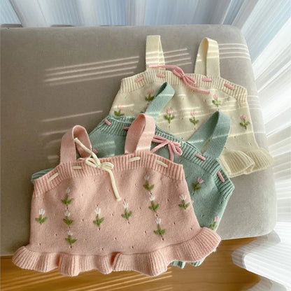 Newborn Baby Girl Knitted Strap Vest Flower Embroidery Stitch Infant Toddler Kid Top Sleeveless Sweater Spring Baby Clothes 0-7Y