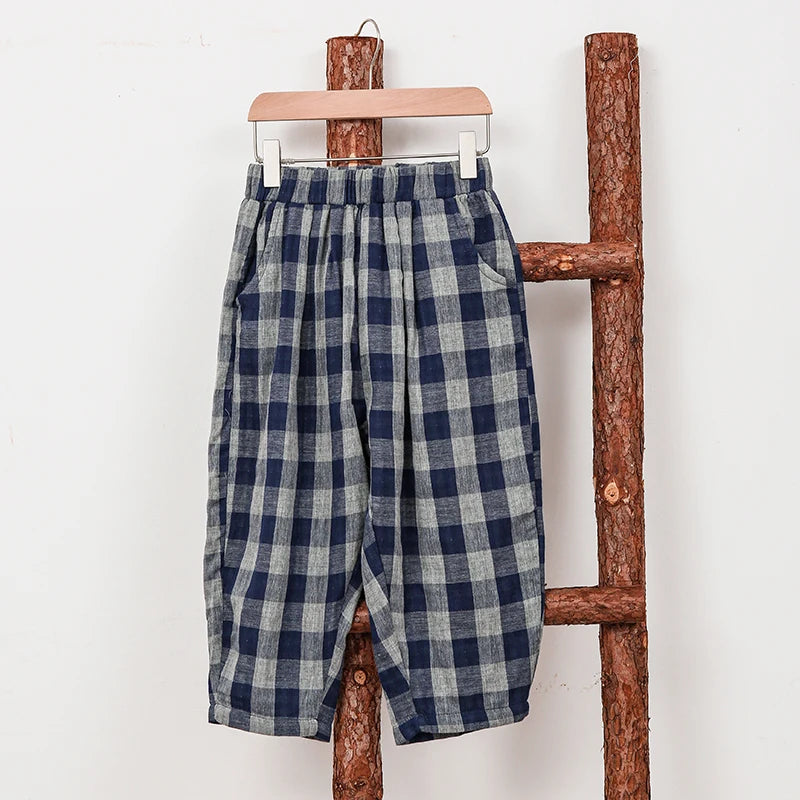 Children's Retro Blue Plaid Trousers 2024 Spring Autumn New Korean Boys And Girls Double-Layer Cotton Casual Harem Pants WTP121