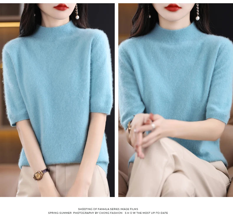 Fashion Half Short Sleeve 100% Merino Wool Sweater Basic Mock-Neck  Cashmere Women Knitted Top  Pullover Clothing Tops