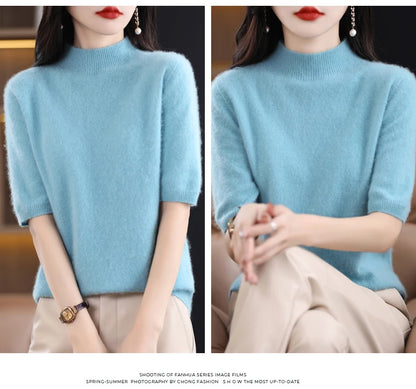 Fashion Half Short Sleeve 100% Merino Wool Sweater Basic Mock-Neck  Cashmere Women Knitted Top  Pullover Clothing Tops