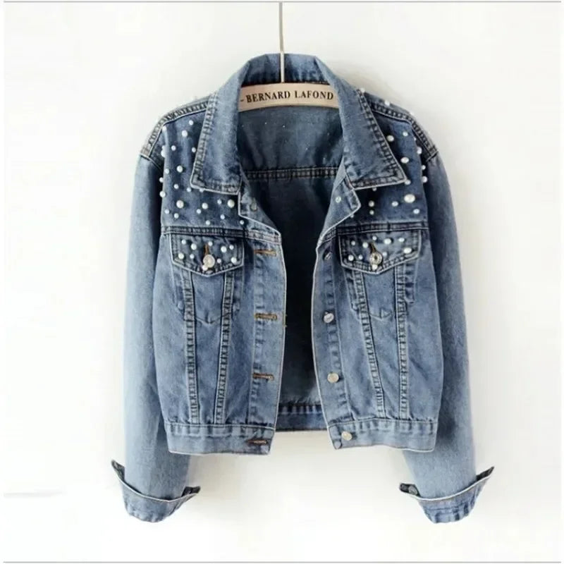 Women's Short Denim Jacket Beaded Pearl Jacket Loose Spring and Autumn New Denim Jacket Fashion Casual Women's Jacket